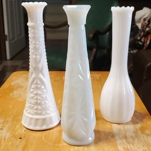 3 Vintage milk glass bud vases